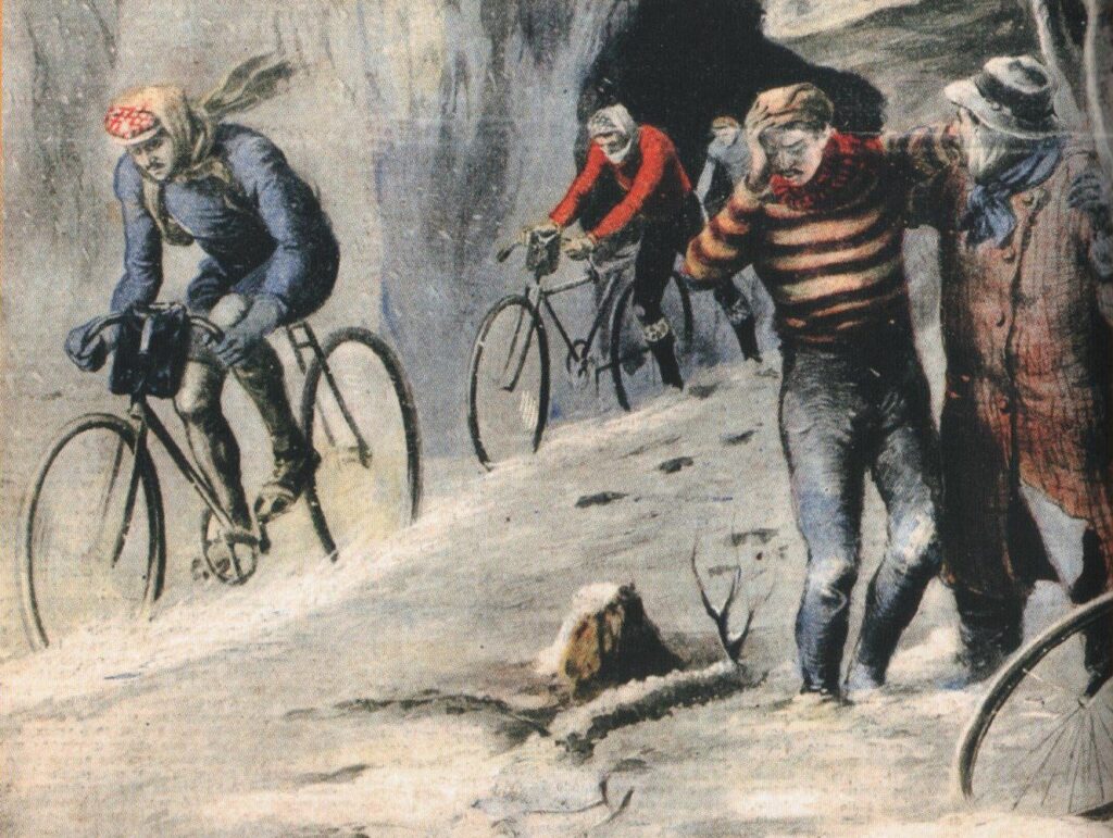 Ilustrácia Miláno - San Remo 1910. V snehovej búrke preteky dokoničli iba štyria