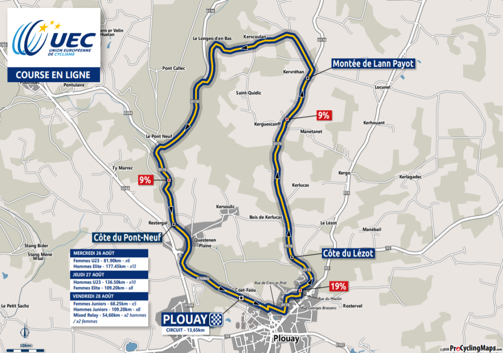 Majstrovstvá Euópy v cestnej cyklistike Plouay cestné preteky trasa